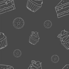 Cake, donut and cupcake. Seamless vector pattern on dark background, blackboard effect. Elements of sweet dessert for breakfast. For printing, wrapping paper.