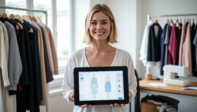 Young Fashion Designer Showing Tablet with Dress Designs in Studio