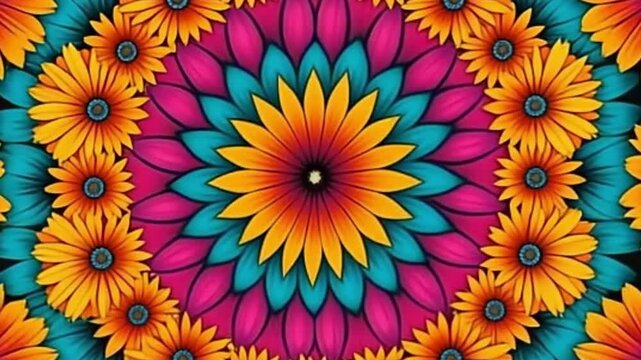 Trippy kaleidoscopic vector art motion in vibrant vintage colors with symmetrical flower rings loop

