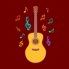Vector illustration with classical guitar and colorful musical notes.