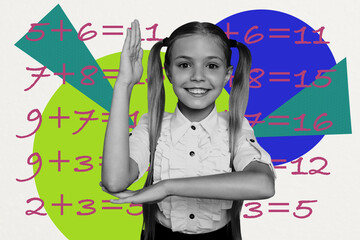 Creative pop poster sketch art collage of happy small schoolgirl hold hand answer math subject excellent pupil algebra example