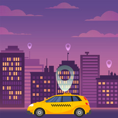 Yellow taxi car against the background of city buildings and hovering geotags. Vector illustration.