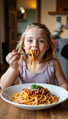 Adorable Girl Enjoying Delicious Spaghetti with Meat Sauce and Parmesan Cheese