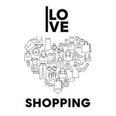 Fototapeta premium Love shopping concept with heart shape made of various fashion items and accessories illustration design