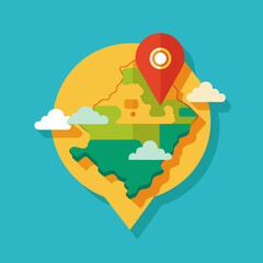 Stylized Map of a Tropical Island with Location Pin and Clouds