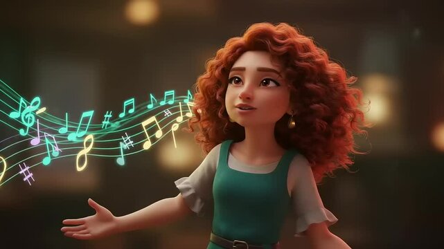Joyful girl singing with musical notes in background