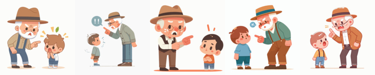 vector character grandfather scolding a little child