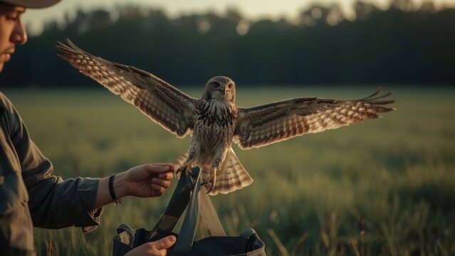 A handler gently holds a majestic owl with spread wings in a sunlit field, celebrating National Wildlife Day.