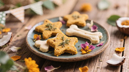 Close-up of ayurvedic homemade dog treats with turmeric, coconut, herbs in star and bone shapes on rustic plate with floral petals and eco-party styling, wooden background