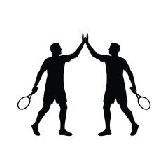 Black Silhouette Tennis Players High Five White Background