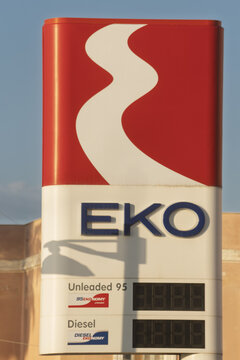 Syros - Greece may 29, 2025 : sign and logo of EKO, a brand of petrol stations operated by Hellenic Petroleum
