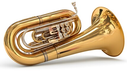 A shiny golden tuba musical instrument on a white isolated background.