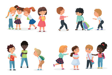 Problem of kids bullying at school. Multiracial boys and girls humiliate, offend, tease, gossip, force, threat, intimidate or aggressively dominate others