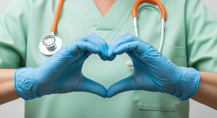 Doctor or nurse in medical scrubs making heart shape with hands in blue gloves. Healthcare safety concept