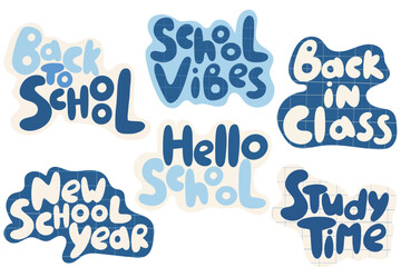 Set of back-to-school themed lettering stickers in flat style. Fun and playful typography design for students, teachers, classroom decor, notebooks, planners and educational projects.