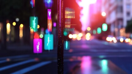 Futuristic city pole displays pedestrian traffic flow at night