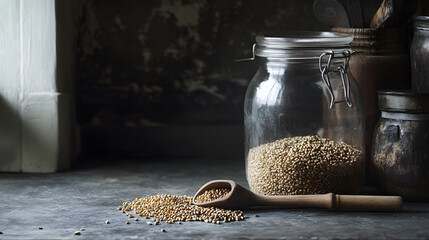 A rustic kitchen scene featuring whole rye grains in a jar with a wooden scoop beside it, emphasizing the raw and organic nature of the grains.