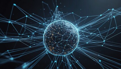 A glowing sphere surrounded by interconnected lines and nodes in a dark abstract space view .