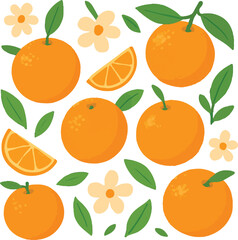 Cheerful Orange Citrus Pattern with Flowers and Green Leaves, a Vibrant and Fresh Design for Summer and Spring