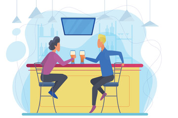 Guys drinking beer flat vector illustration. Young men sitting in bar cartoon characters. Tavern customers enjoying alcohol beverage. Friends communication, meeting in pub, recreational activity
