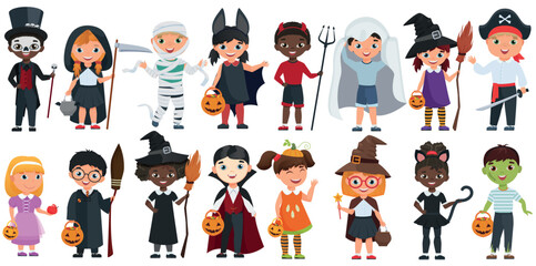 Cute Halloween little kids set vector illustration