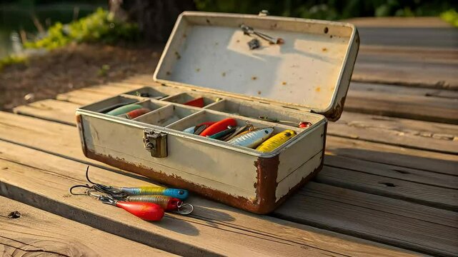 Vintage tackle box spills vibrant lures across a weathered wooden surface outdoors as a breeze sends leaves skittering nearby, sunlight glinting off the metal hooks and plastic baits Dynamic Camera