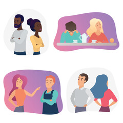 People couples during conflict quarrel or disagreement. Set of offended men and women quarreling, bickering each other cartoon vector illustration
