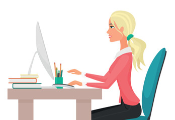 Vector Illustration of a young pretty sexy woman working on desktop computer