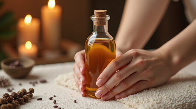 Soft intimate moment with couple’s hands holding ayurvedic oil bottle over massage table, candles and herbal background for wellness, spa, or romantic self-care visuals