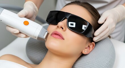 A female patient wearing protective glasses having laser facial hair removal treatment by a woman cosmetologist. Modern beauty therapy for skin health