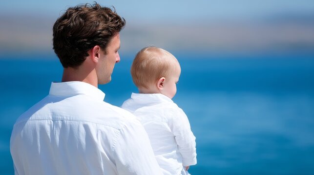 A serene moment between a father and baby by the water. The young dad holds his child close. Both wear white shirts, symbolizing purity. This image embodies love and connection. AI