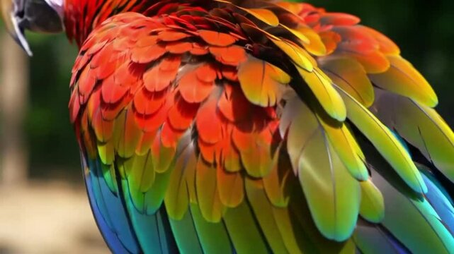 Vibrant parrot feathers close-up