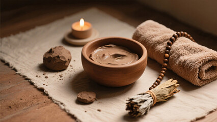 Grounding clay therapy setup with warm mask bowl, earthy textures, meditation beads, smudge stick, warm towel, dim light, neutral browns and creams, flatlay or diagonal top view, calm mood