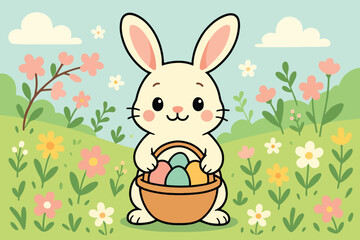 Cute easter bunny holding basket of eggs in spring meadow