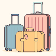 Colorful vector illustration of three travel suitcases with wheels and luggage tags in pastel tones