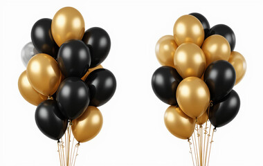 Golden 3D balloons with ribbons isolated on black background for celebration or party decoration