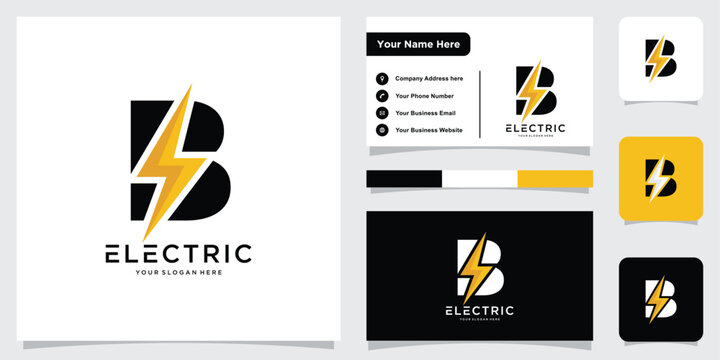 Flash B Letter Logo, Electrical Bolt Logo Vector with business card design