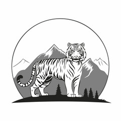 Bengal Tiger Standing Proud Against a Backdrop of Mountains Image Vector.