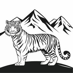 Fototapeta premium Bengal Tiger Standing Proud Against a Backdrop of Mountains Image Vector.