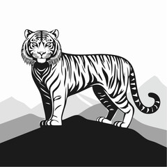 Bengal Tiger Standing Proud Against a Backdrop of Mountains Image Vector.