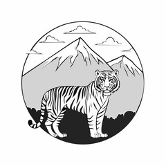 Bengal Tiger Standing Proud Against a Backdrop of Mountains Image Vector.