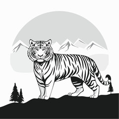 Bengal Tiger Standing Proud Against a Backdrop of Mountains Image Vector.