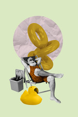 Vertical image art pop collage of happy old man lay longer sunbath beer bottle fridge lifebuoy...