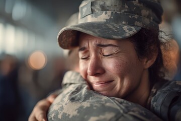 Tearful woman soldier hugging husband during emotional airport reunion