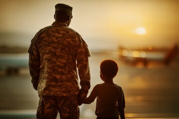 African American soldier holding hands with son at airport during sunset