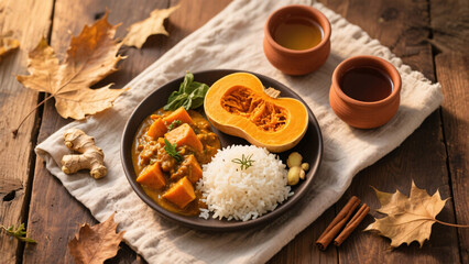 Vertical flat lay of warm Ayurvedic autumn meal with sweet potato curry, basmati rice, roasted pumpkin and ginger tea on rustic wooden table, golden hour tones, clay cups and linen