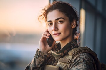 female soldier talking on phone near airport window at sunset