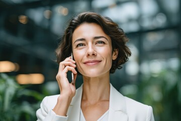 Confident businesswoman in white blazer talking on smartphone in modern office with glass walls and greenery