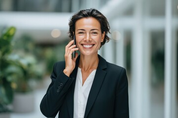 Confident businesswoman talking on smartphone in modern office hallway