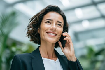 Smiling professional woman talking on phone in bright office with greenery